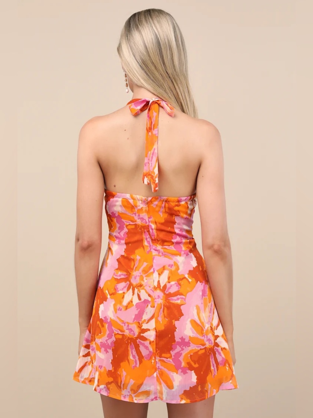 Lulus Sabine Orange Multi Floral Halter Mini Dress Size L NWT - Picture 2 of 11